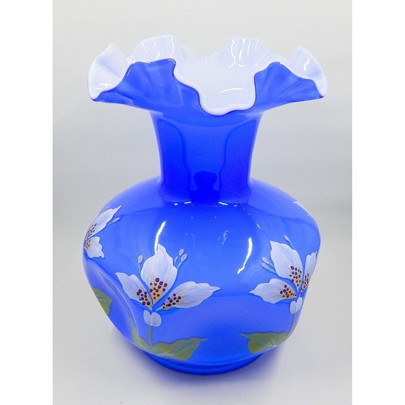 Fenton Blue Overlay Cased Glass White Hand-Painted Flowers Pinched Ruffle Vase